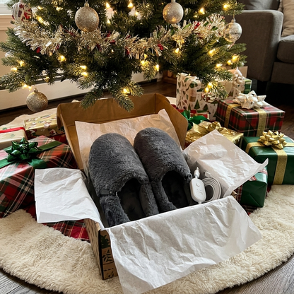 Heated slippers in a gift box under the Christmas tree