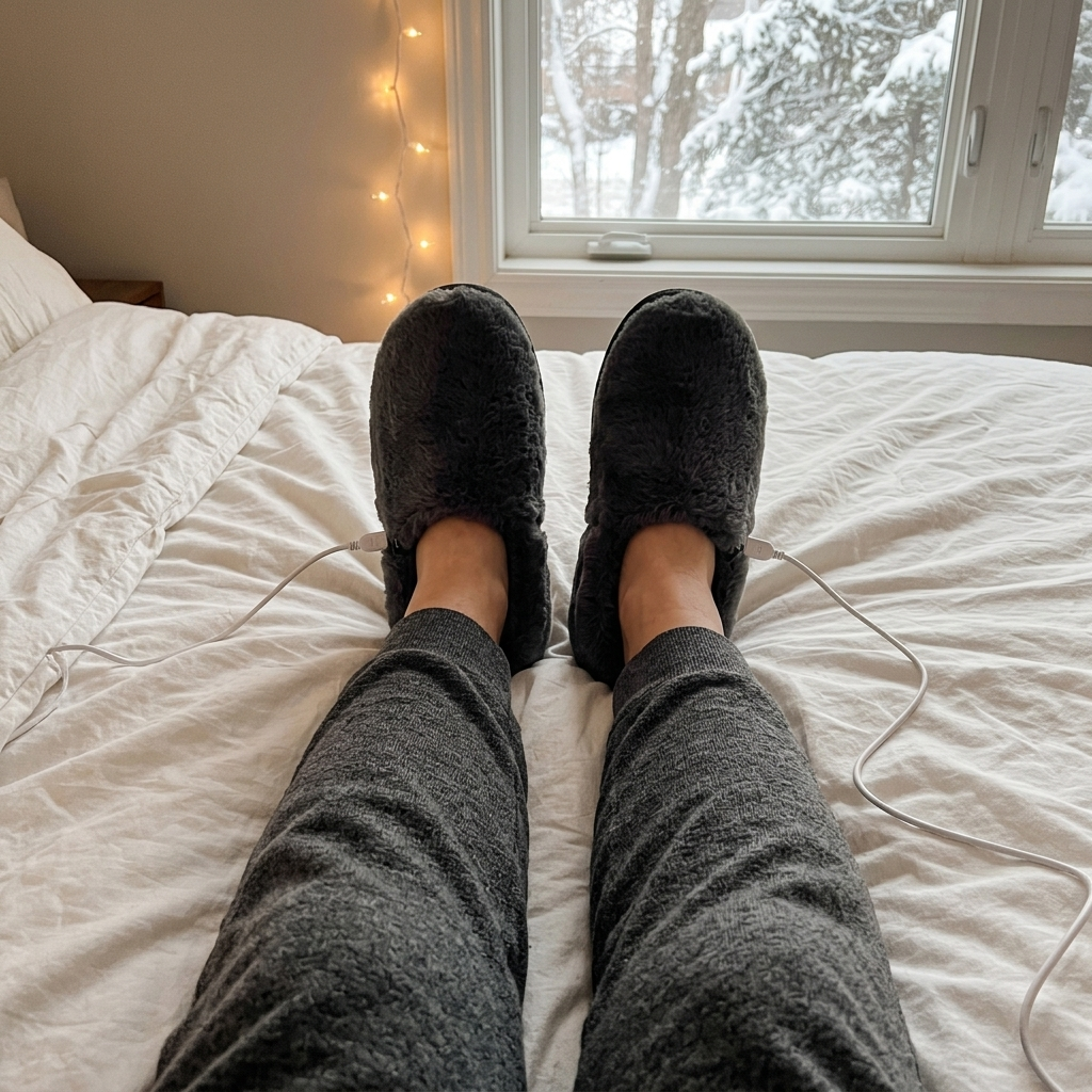 Warm feet in heated slippers in bed on a snowy night